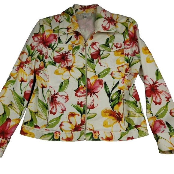 St John Jackets & Blazers - St John Sport Womens M Jacket Zip Front Tropical Floral Print Crystal Buttons